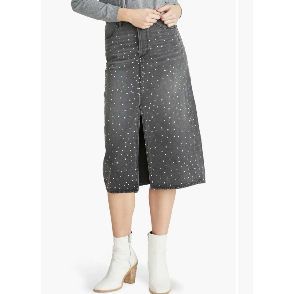 NWT Driftwood Piper Crystal Denim Midi Skirt Women's Button Fly Size SMALL Slit